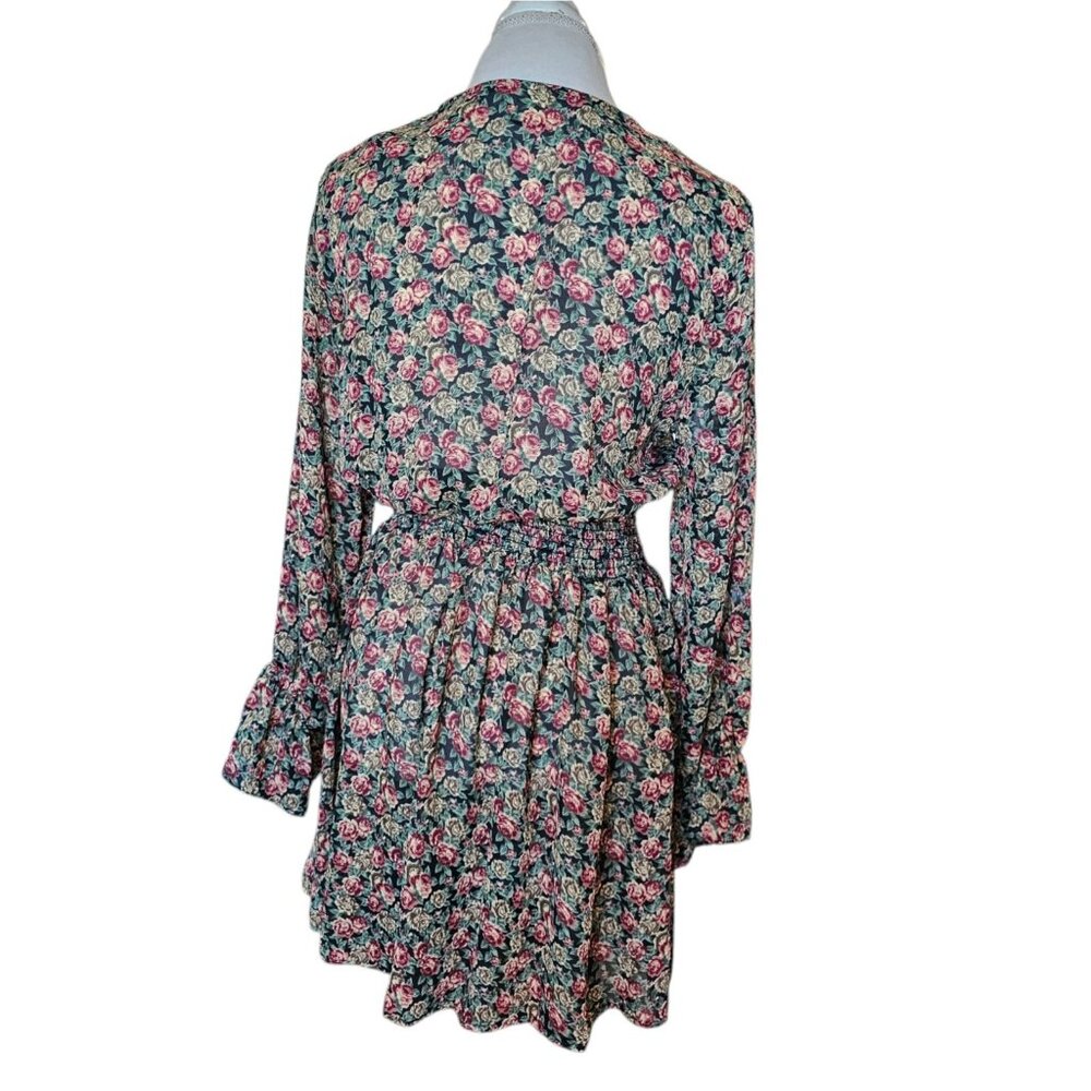 90s Smocked Dark Floral Dress Boho Chiffon Blouson Smocked Sz S Long Sleeve - Picture 8 of 10